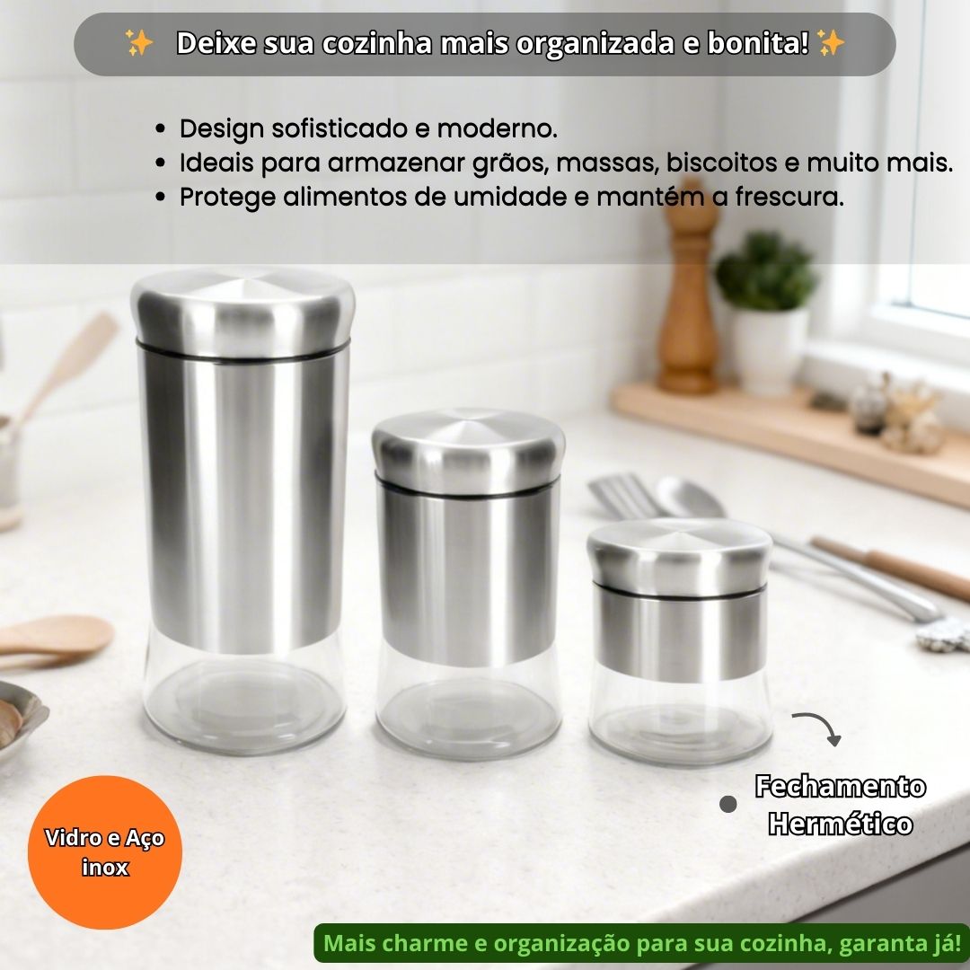 Kit 3 Potes Herméticos Vidro Aço Inox Multiuso Cozinha Design moderno Armazenamento Alimentos Secos Vedação segura Organ - Imagem 2