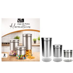 Kit 3 Potes Herméticos Vidro Aço Inox Multiuso Cozinha Design moderno Armazenamento Alimentos Secos Vedação segura Organ
