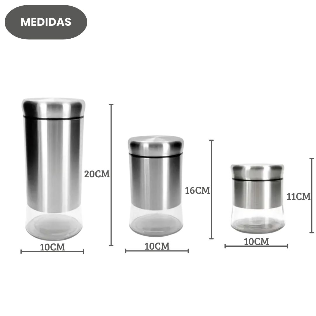 Kit 3 Potes Herméticos Vidro Aço Inox Multiuso Cozinha Design moderno Armazenamento Alimentos Secos Vedação segura Organ - Imagem 4