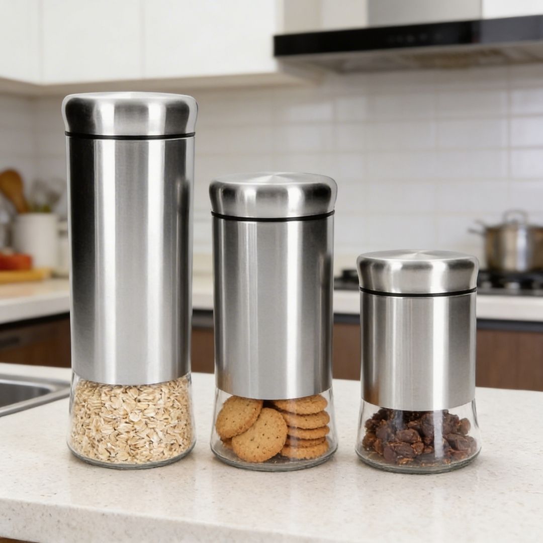 Kit 3 Potes Herméticos Vidro Aço Inox Multiuso Cozinha Design moderno Armazenamento Alimentos Secos Vedação segura Organ - Imagem 3