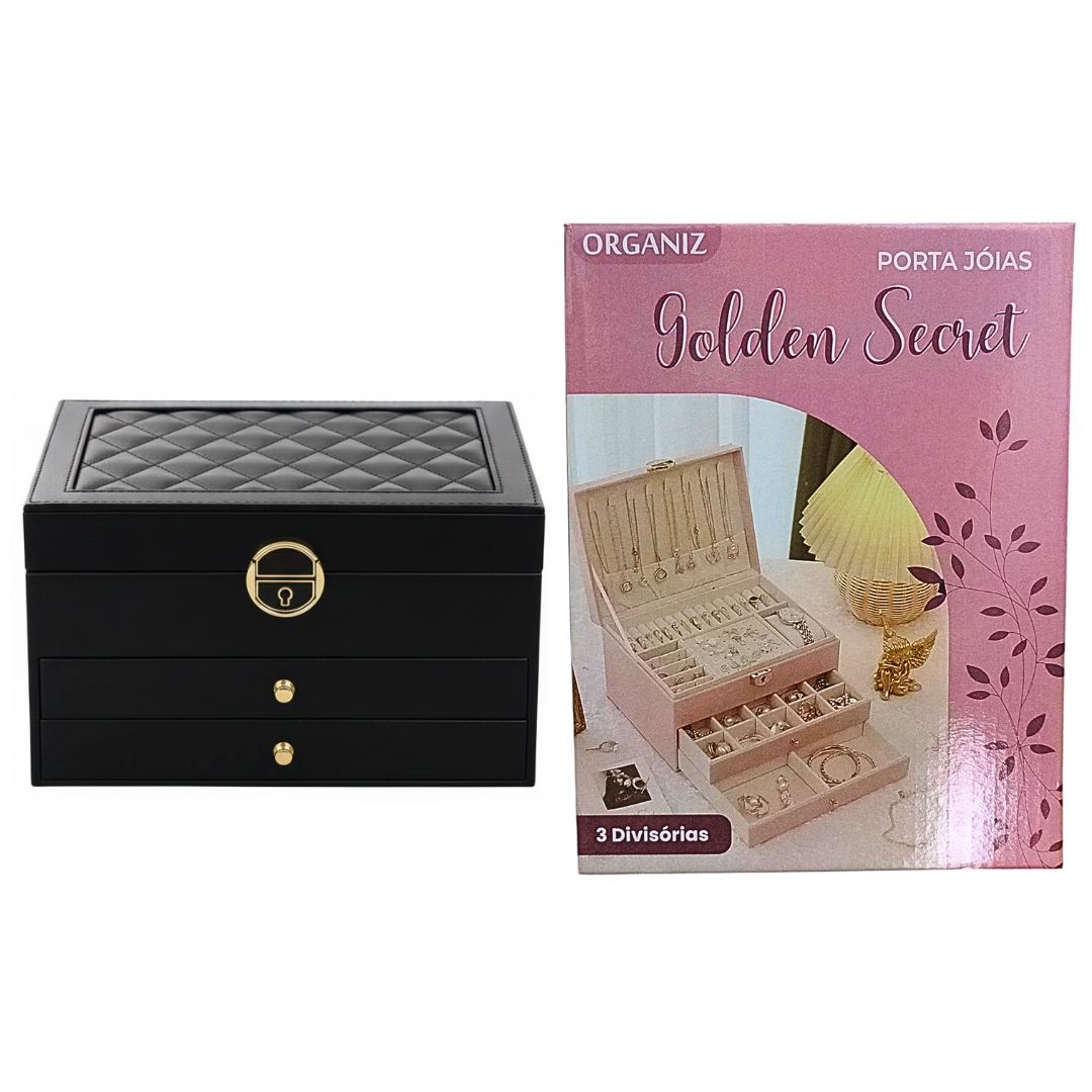 Porta Joiás 3 Camadas Preto Rosa Verde Caixa Organizadora Feminino Acessórios Presente Mãe Compartimentos Namorada Elega - Imagem 2