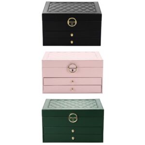 Porta Joiás 3 Camadas Preto Rosa Verde Caixa Organizadora Feminino Acessórios Presente Mãe Compartimentos Namorada Elega
