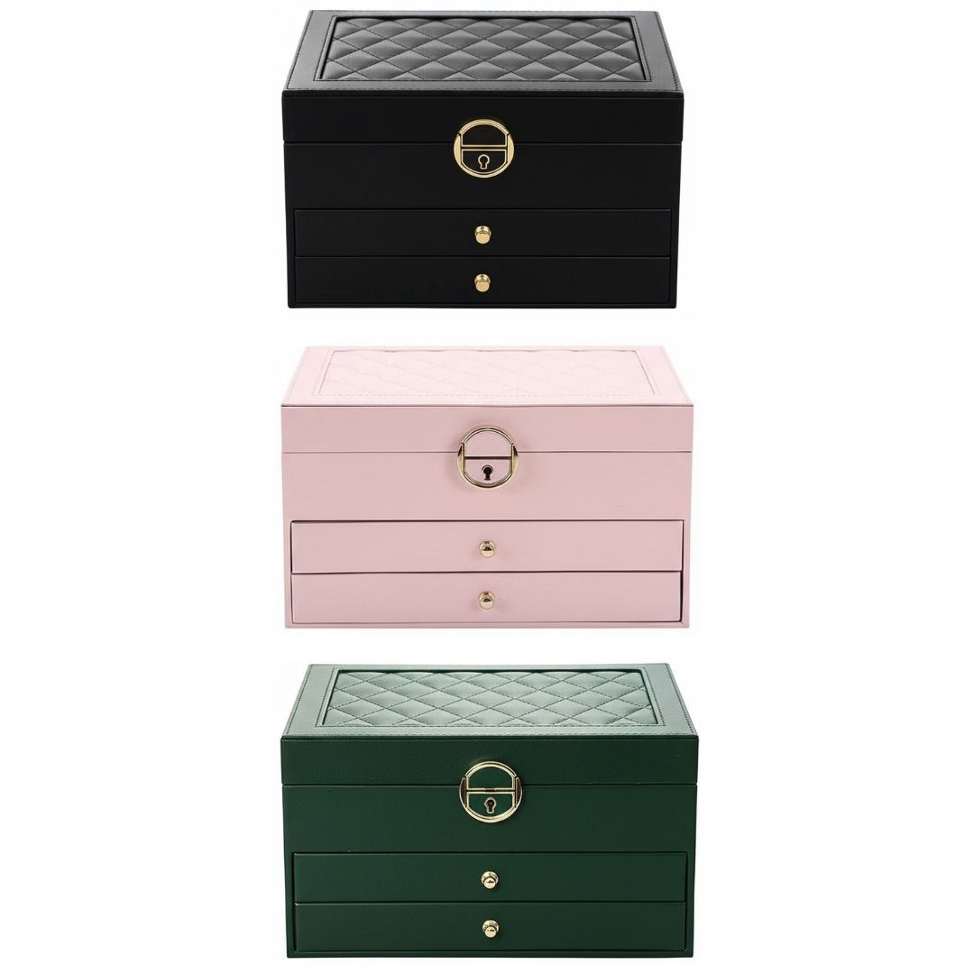 Porta Joiás 3 Camadas Preto Rosa Verde Caixa Organizadora Feminino Acessórios Presente Mãe Compartimentos Namorada Elega
