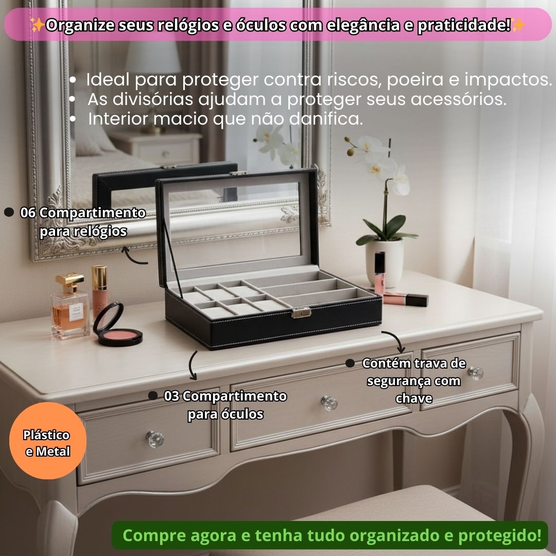 Caixa Estojo Organizadora De Relógios Óculos 9 Espaços Preto Acessórios Presente Divisórias Elegante Luxo Tampa Vidro - Imagem 2