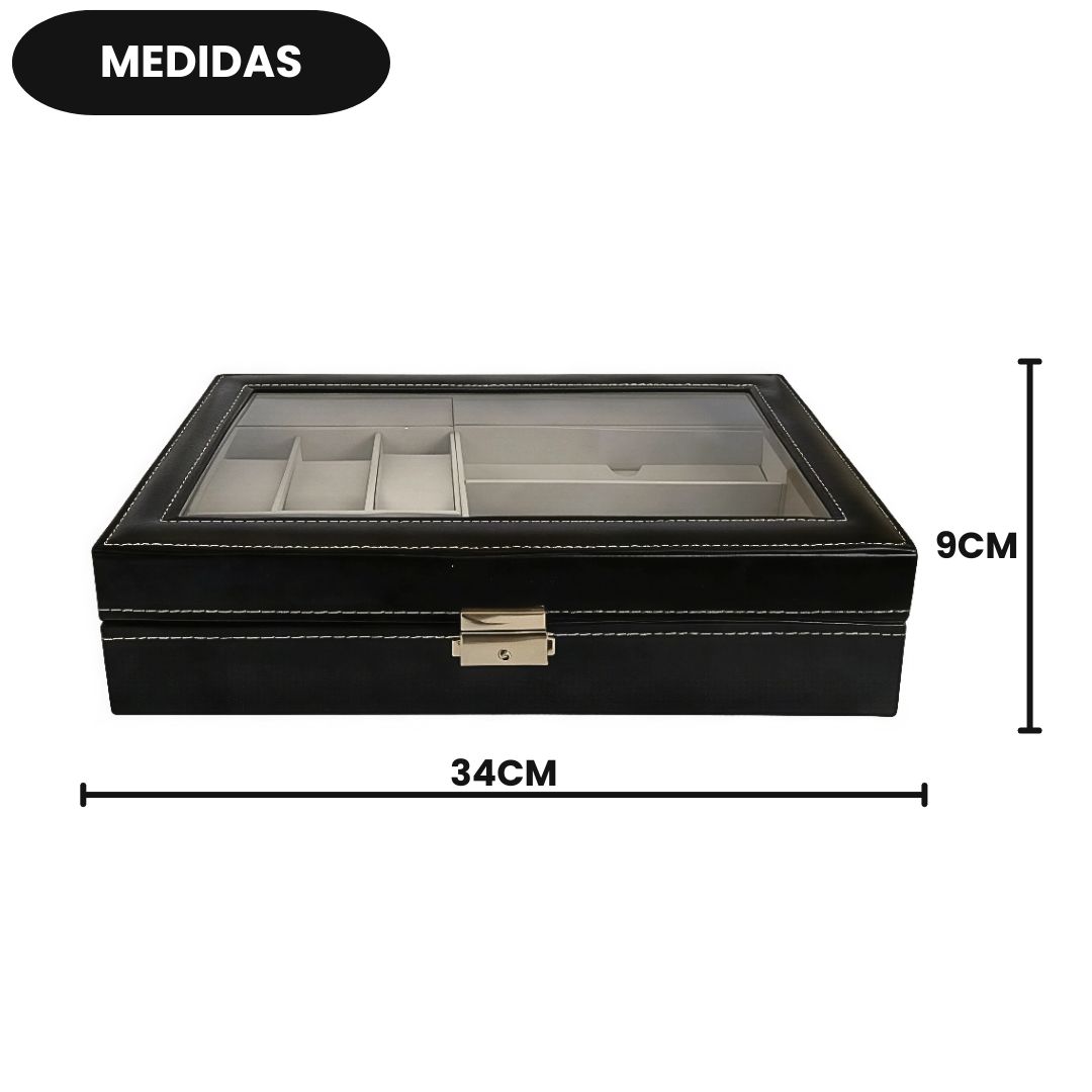 Caixa Estojo Organizadora De Relógios Óculos 9 Espaços Preto Acessórios Presente Divisórias Elegante Luxo Tampa Vidro - Imagem 4