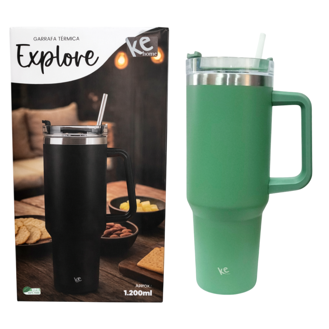 Copo Térmico 1200ml Com Canudo Tampa Alça Aço Inox Resistente Garrafa Estilosa Prática Preto Verde Azul Rosa Branco Pres - Imagem 4