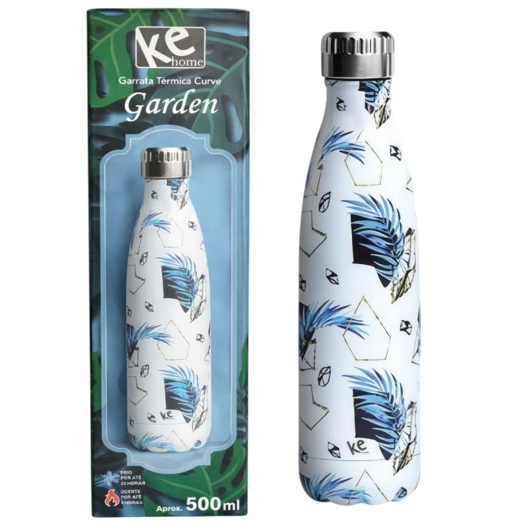 Garrafa Térmica Curve Garden 500ml Aço Inox Resistente Estilosa Prática Plantas Flores Azul Estampada Presente Academia - Imagem 4
