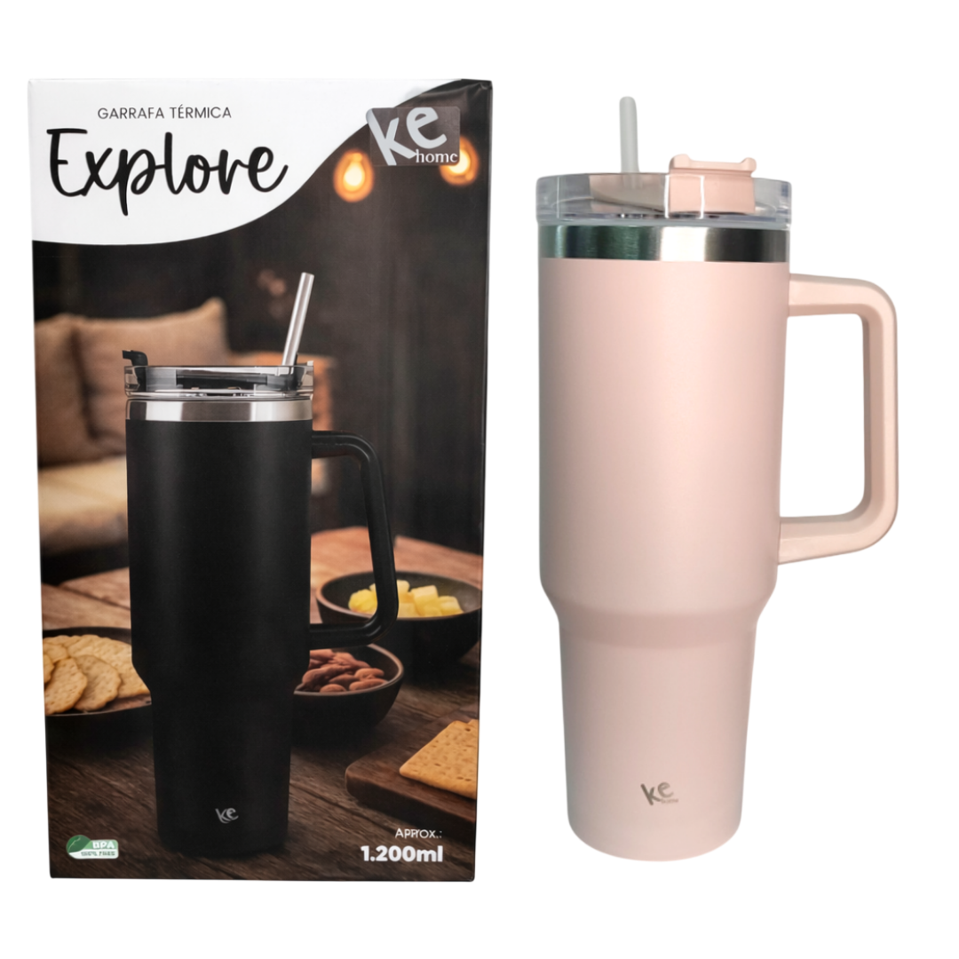 Copo Térmico 1200ml Com Canudo Tampa Alça Aço Inox Resistente Garrafa Estilosa Prática Preto Verde Azul Rosa Branco Pres - Imagem 5