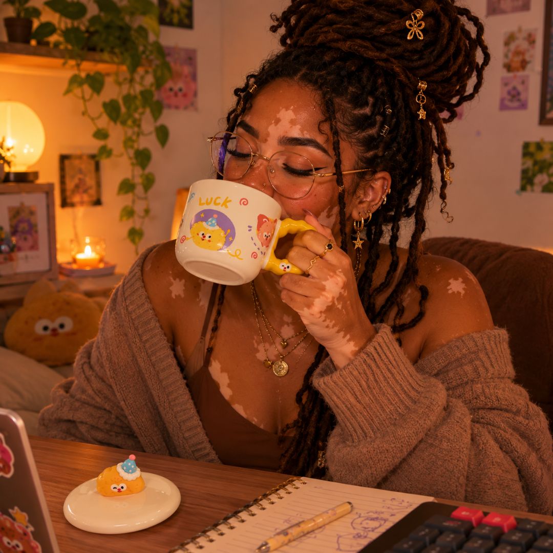Caneca de Cerâmica com Tampa Happy 350ml Café Colorida Exclusiva Presente Divertida Amiga Mãe - Imagem 7