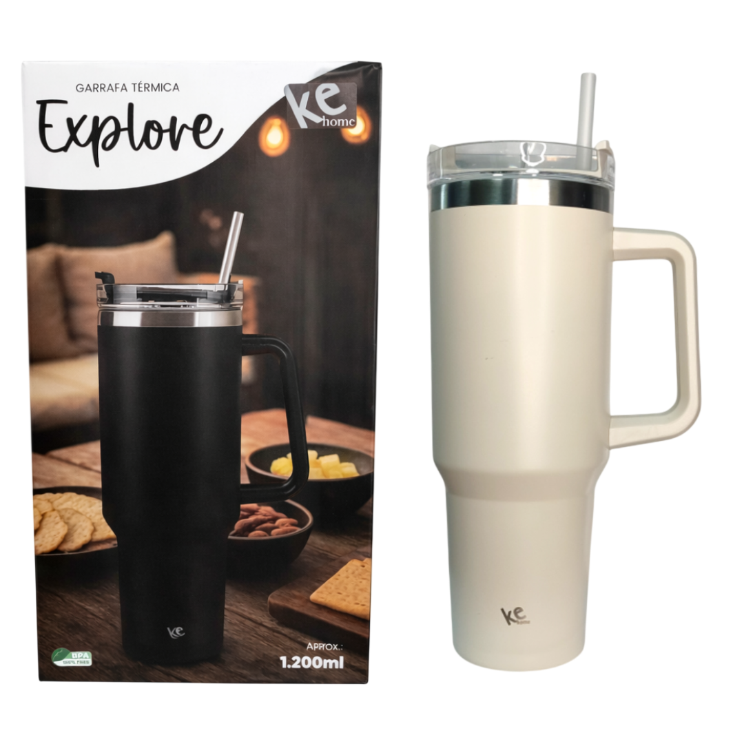Copo Térmico 1200ml Com Canudo Tampa Alça Aço Inox Resistente Garrafa Estilosa Prática Preto Verde Azul Rosa Branco Pres - Imagem 6