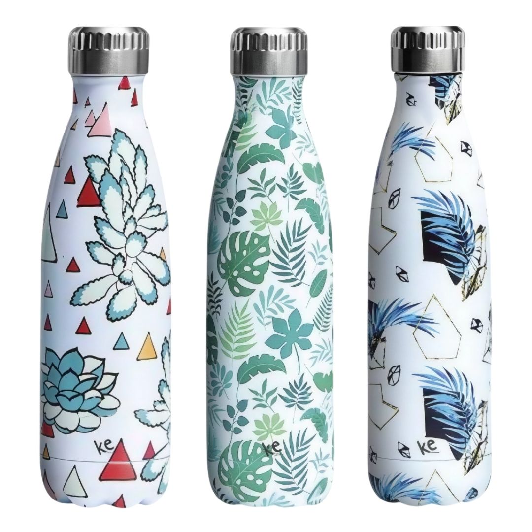 Garrafa Térmica Curve Garden 500ml Aço Inox Resistente Estilosa Prática Plantas Flores Azul Estampada Presente Academia