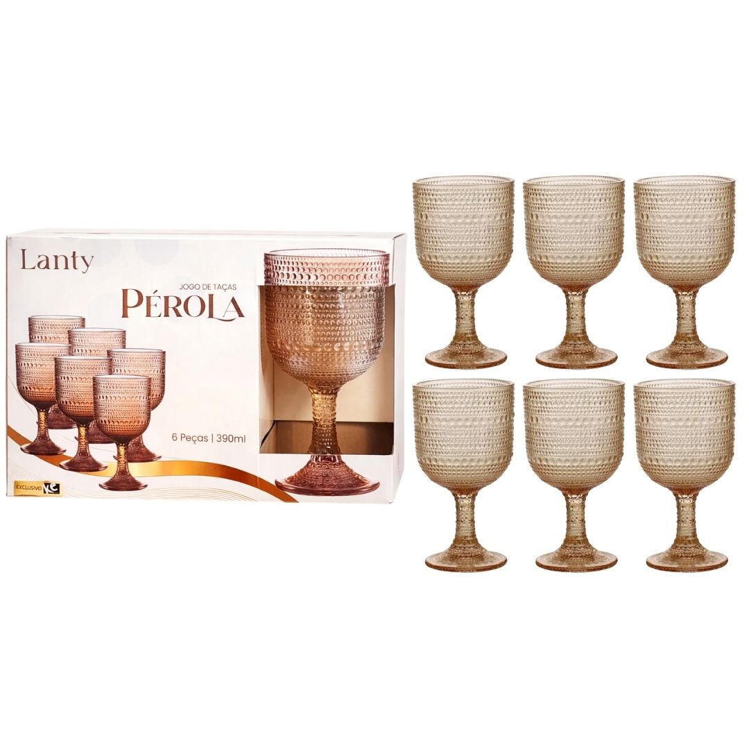 Jogo de Taças Pérola Ambar 6 Peças 390ml Haste Mesa Posta Vidro Elegante Vinho Água Suco Bebidas Resistentes Drinks Luxo