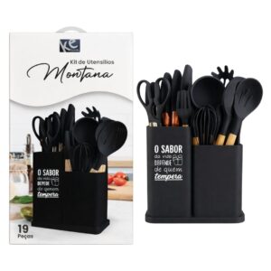 Kit de Utensílios Montana Preto 19 Peças Suporte Cozinha Silicone Completo Moderno Resistente Culinária
