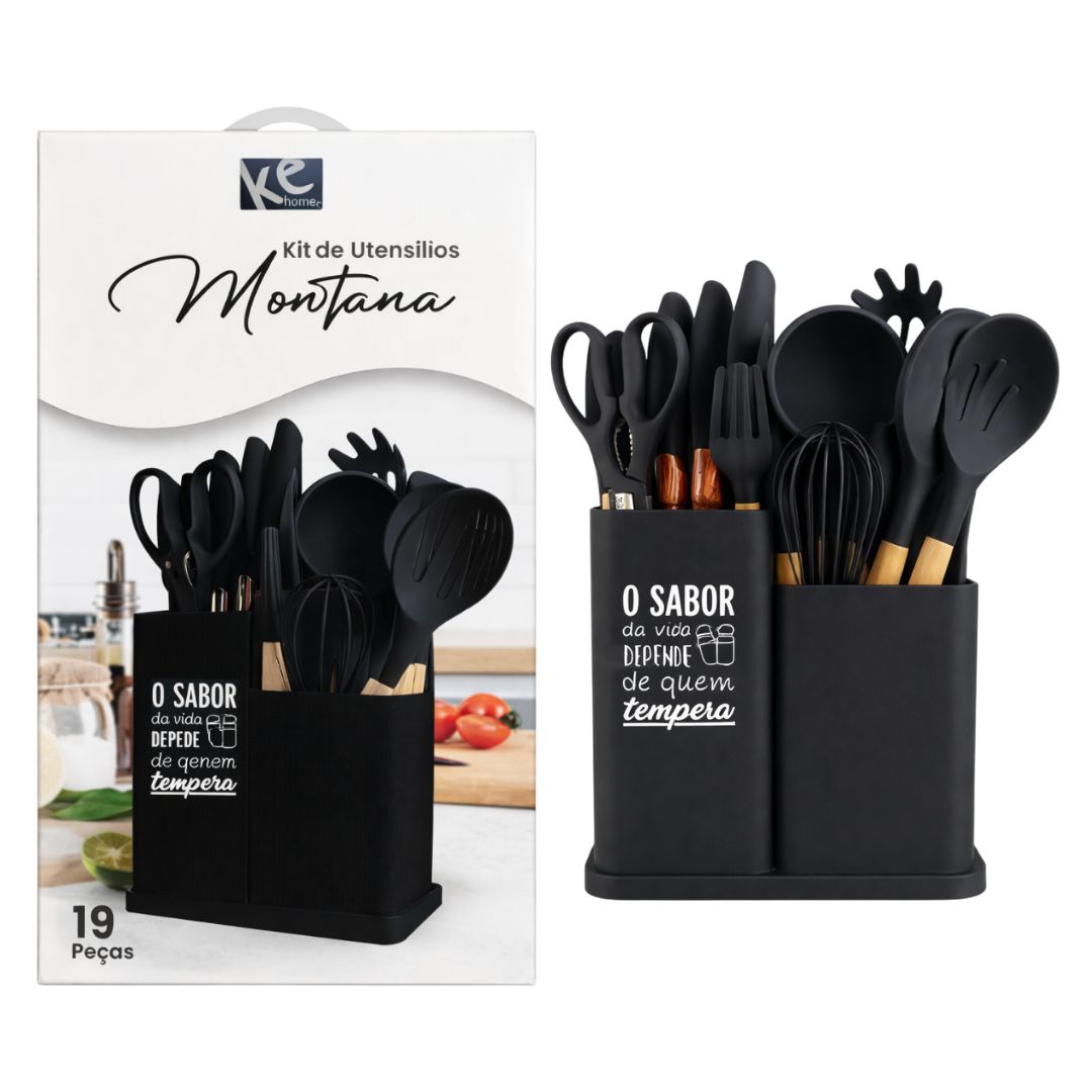 Kit de Utensílios Montana Preto 19 Peças Suporte Cozinha Silicone Completo Moderno Resistente Culinária