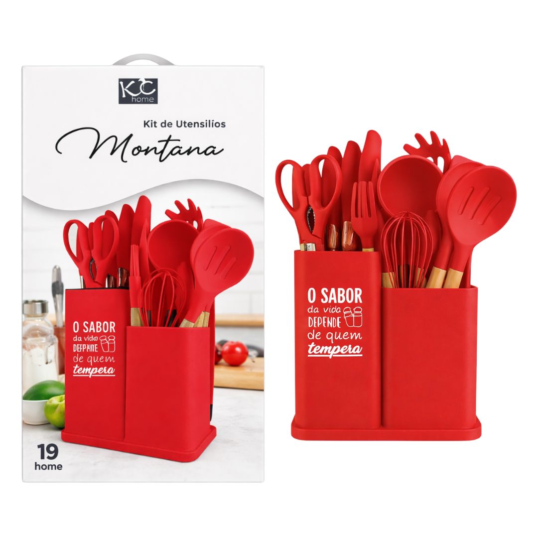 Kit de Utensílios Montana Vermelho 19 Peças Suporte Cozinha Silicone Completo Moderno Resistente Culinária