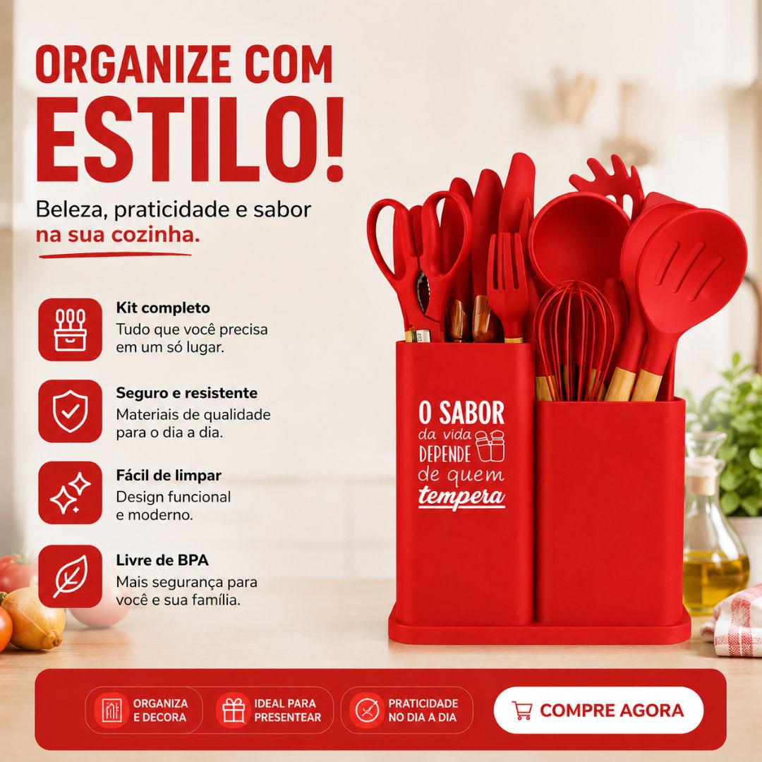 Kit de Utensílios Montana Vermelho 19 Peças Suporte Cozinha Silicone Completo Moderno Resistente Culinária - Imagem 2