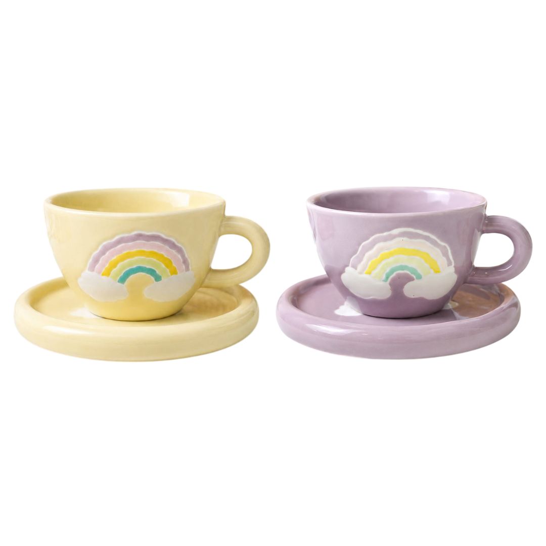 Xícara de Cerâmica C/Pires 250 ml Arco Iris Lilás Amarela Café Chá Leite Presente Elegante Delicada Resistente Design Ex