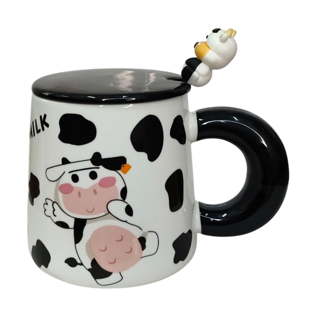 Caneca De Cerâmica Com Tampa e Colher Vaquinha Fofa 350ml Chá Café Presente Lindo Criativo Amigos Família Lila Home