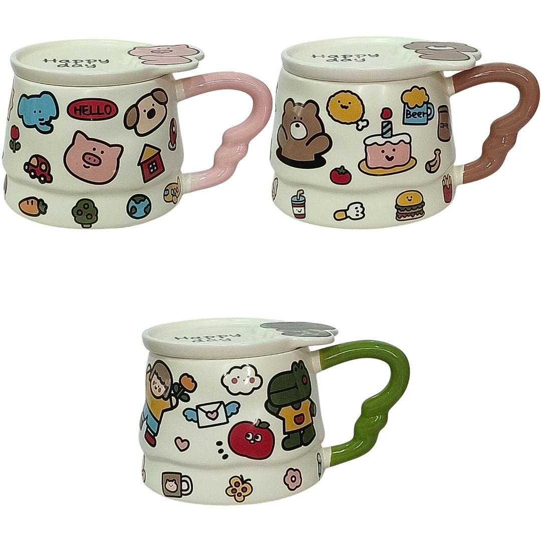 Caneca De Cerâmica Com Tampa Animais Fofos 350ml Café Chá Bonita Criativa Design Moderno Presente Família Amigos