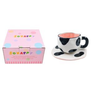 Caneca de Cerâmica Vaquinha c/ Pires 280ml Charme Delicadeza Presente Café Mãe Amiga Exclusiva Resistente