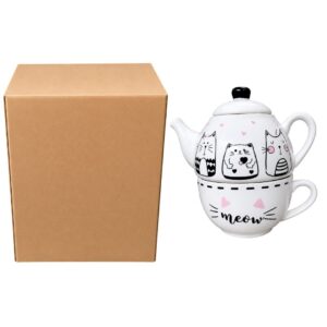Bule de Cerâmica 440ml com Caneca Meow 300ml Gatinhos Cute Cat Chá Café Mãe Amiga Branco Presente Delicado Elegante