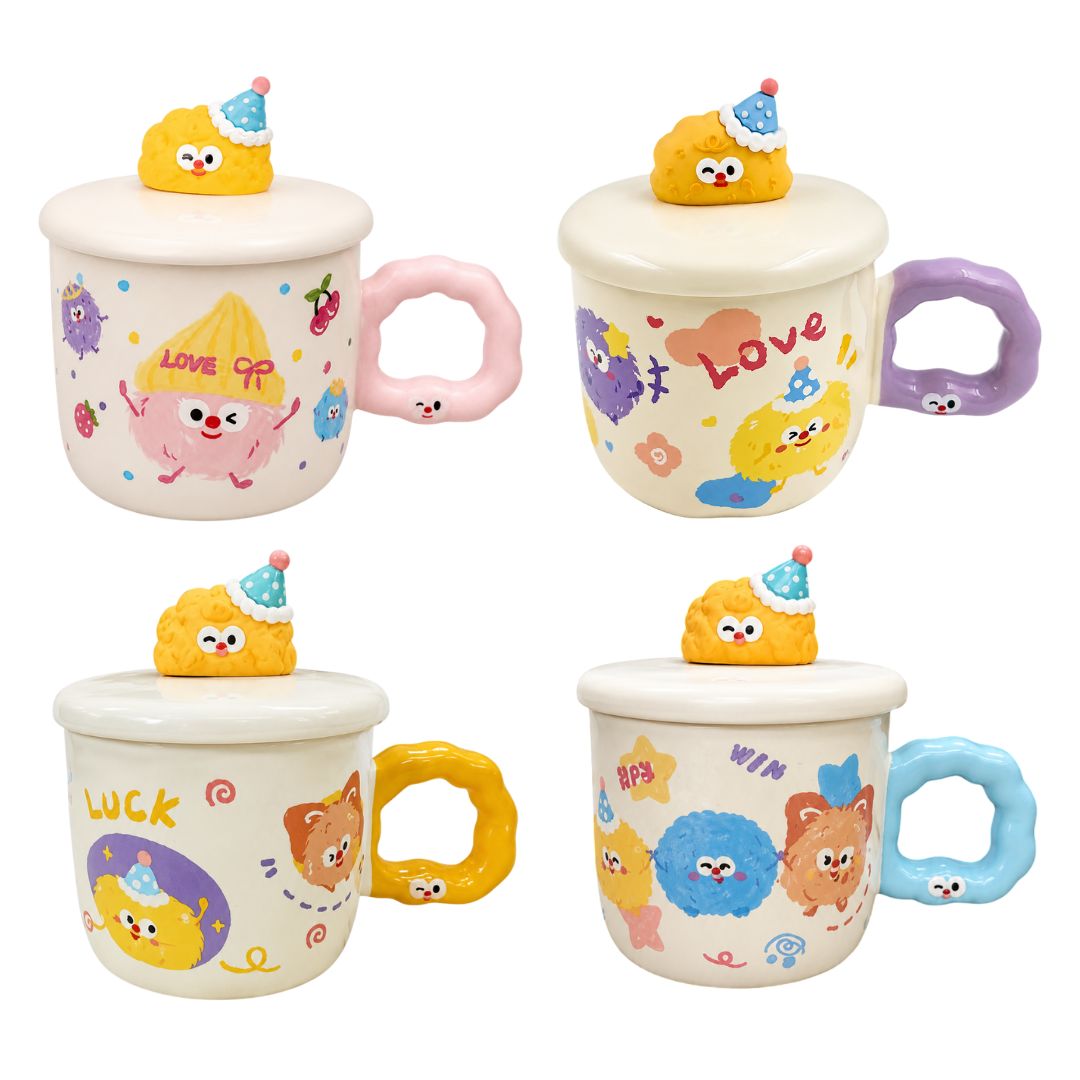Caneca de Cerâmica com Tampa Happy 350ml Café Colorida Exclusiva Presente Divertida Amiga Mãe