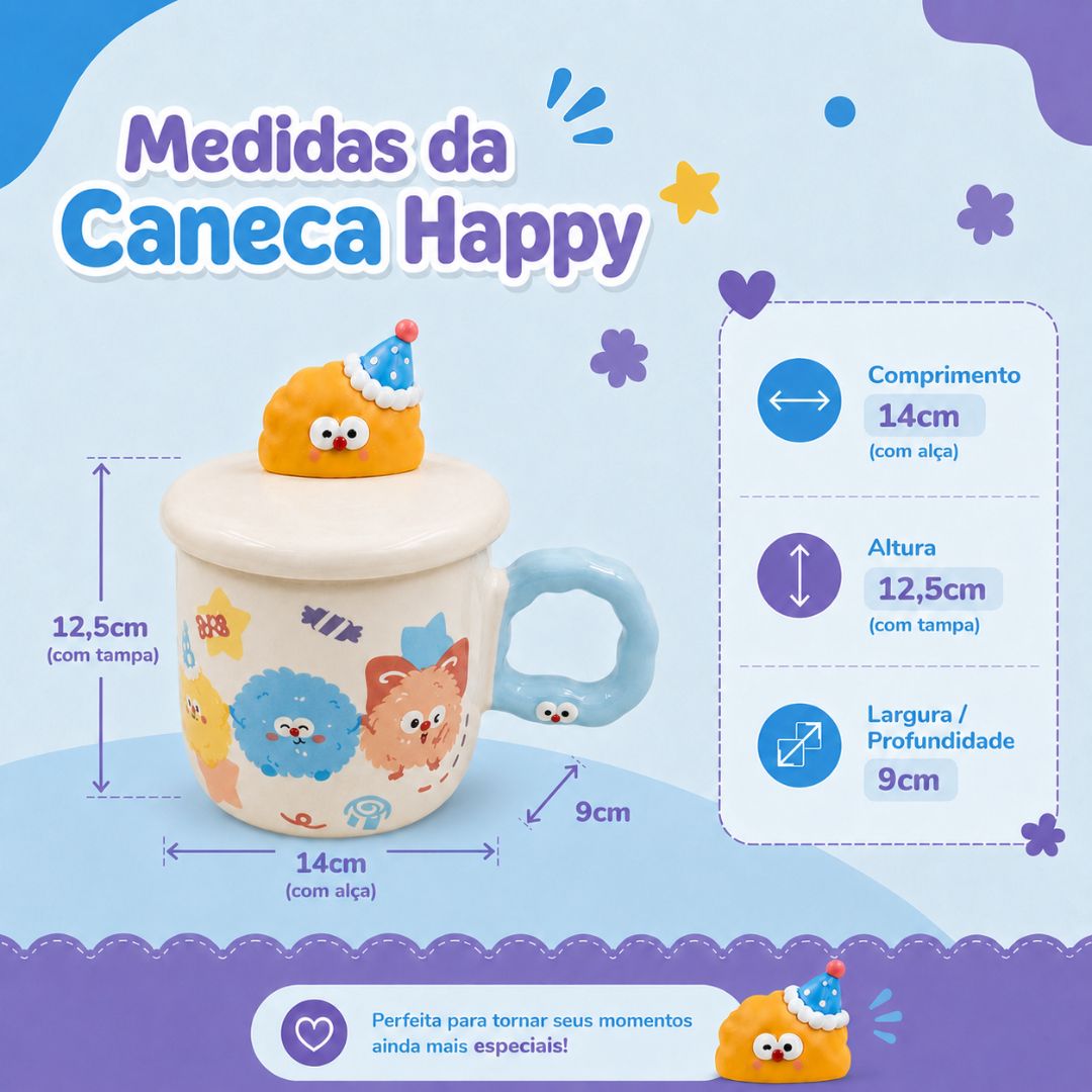Caneca de Cerâmica com Tampa Happy 350ml Café Colorida Exclusiva Presente Divertida Amiga Mãe - Imagem 9