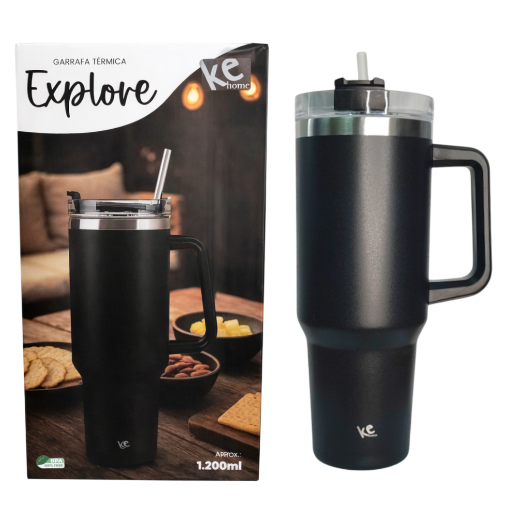 Copo Térmico 1200ml Com Canudo Tampa Alça Aço Inox Resistente Garrafa Estilosa Prática Preto Verde Azul Rosa Branco Pres - Imagem 2