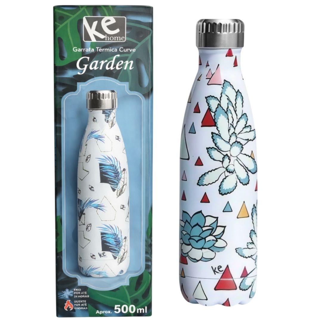 Garrafa Térmica Curve Garden 500ml Aço Inox Resistente Estilosa Prática Plantas Flores Azul Estampada Presente Academia - Imagem 2