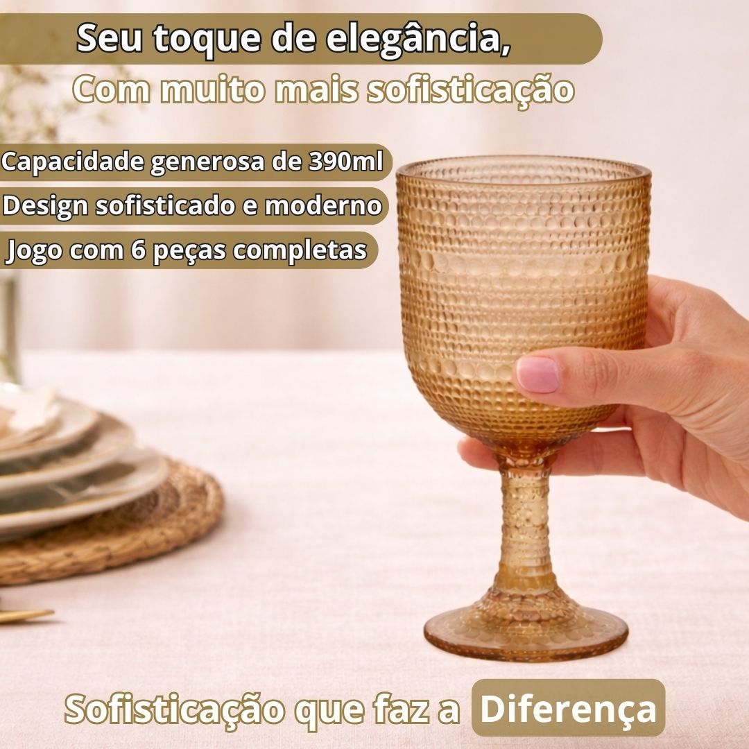 Jogo de Taças Pérola Ambar 6 Peças 390ml Haste Mesa Posta Vidro Elegante Vinho Água Suco Bebidas Resistentes Drinks Luxo - Imagem 2
