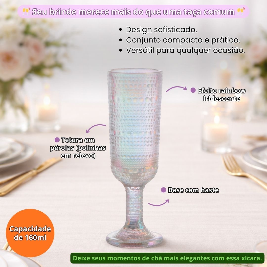 Jogo de Taças Champanhe Pérola Rainbow 6 Peças 160ml Furta-Cor Haste Mesa Posta Vidro Elegante Jantar Bebidas Resistente - Imagem 2