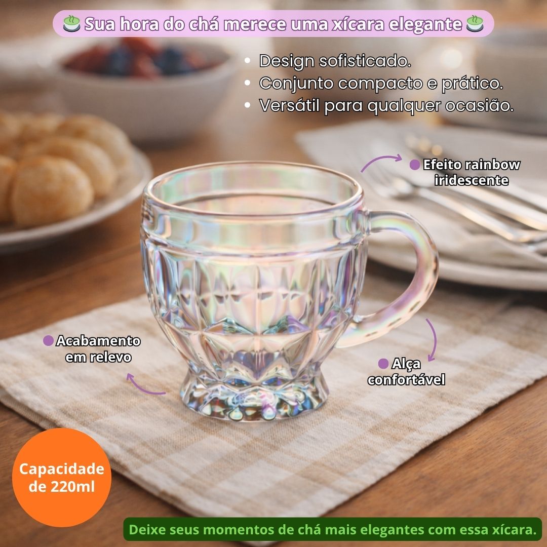 Jogo de Xícaras Riviera Rainbow 220ml 6 Peças Vidro Alça Mesa Posta Café da Manhã Elegante Presente Luxo Cozinha - Imagem 2
