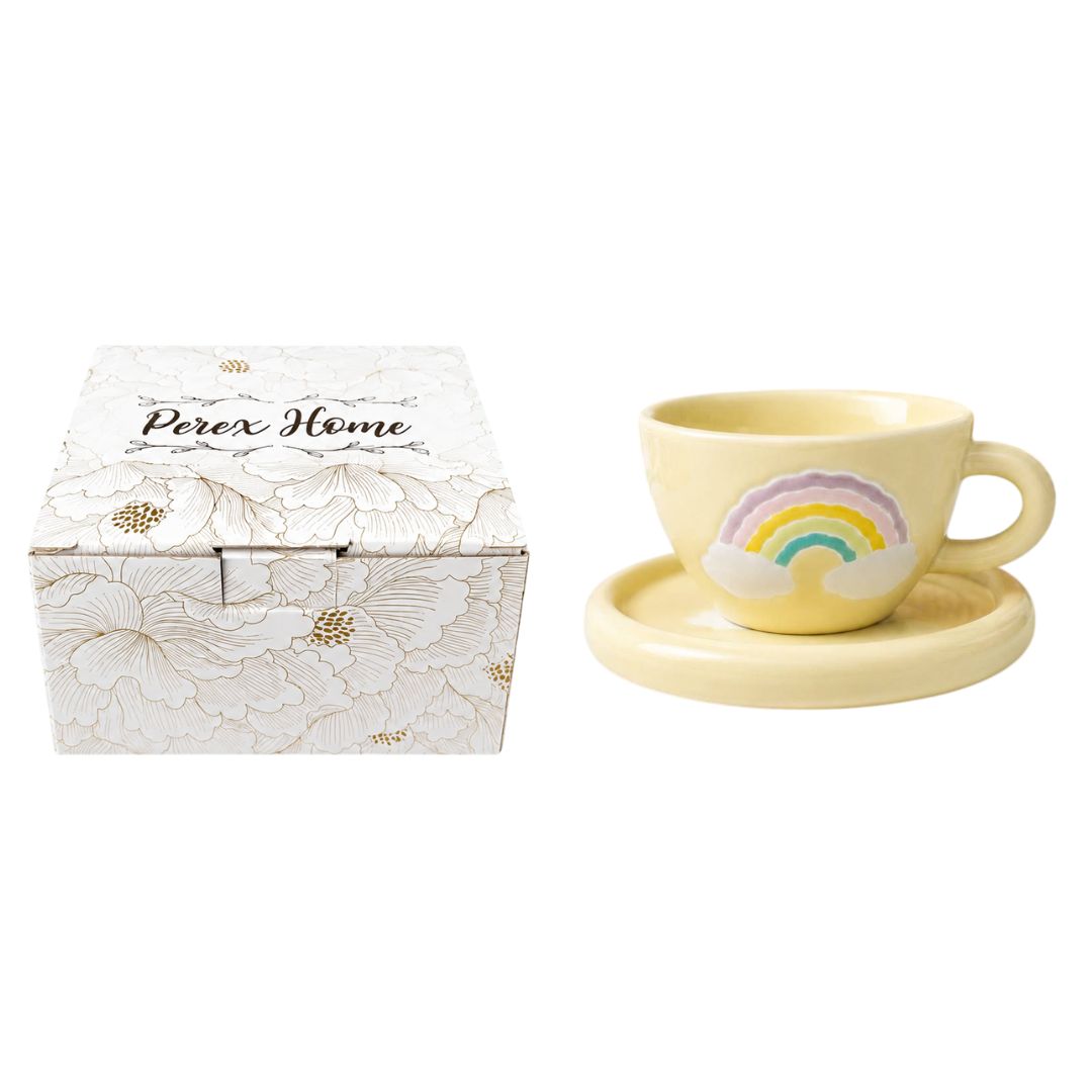 Xícara de Cerâmica C/Pires 250 ml Arco Iris Lilás Amarela Café Chá Leite Presente Elegante Delicada Resistente Design Ex - Imagem 2