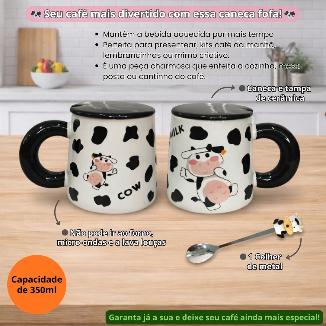 Caneca De Cerâmica Com Tampa e Colher Vaquinha Fofa 350ml Chá Café Presente Lindo Criativo Amigos Família Lila Home - Imagem 2
