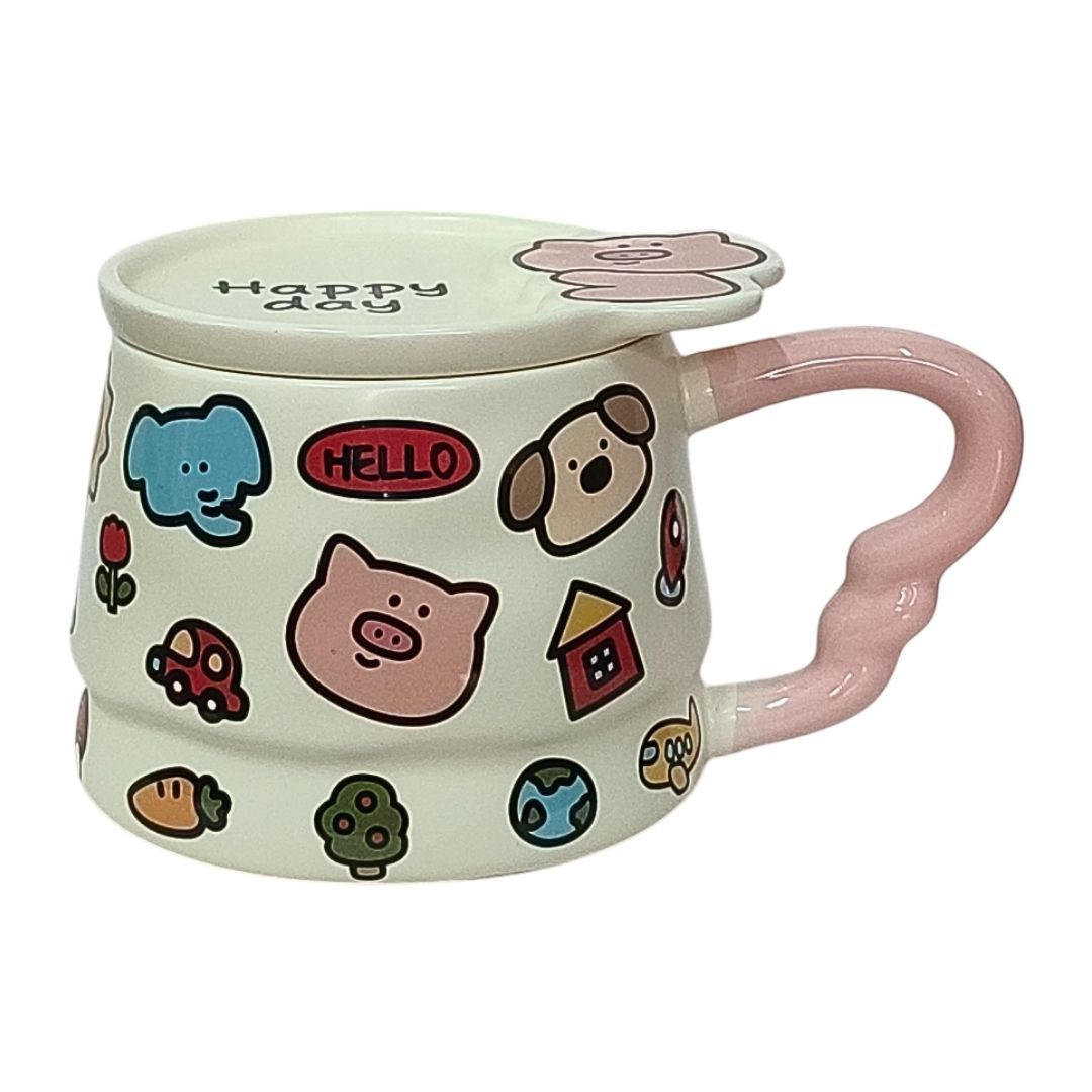 Caneca De Cerâmica Com Tampa Animais Fofos 350ml Café Chá Bonita Criativa Design Moderno Presente Família Amigos - Imagem 2