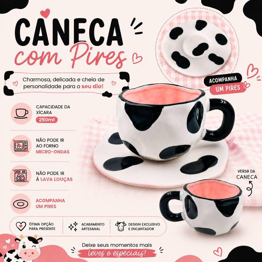 Caneca de Cerâmica Vaquinha c/ Pires 280ml Charme Delicadeza Presente Café Mãe Amiga Exclusiva Resistente - Imagem 2