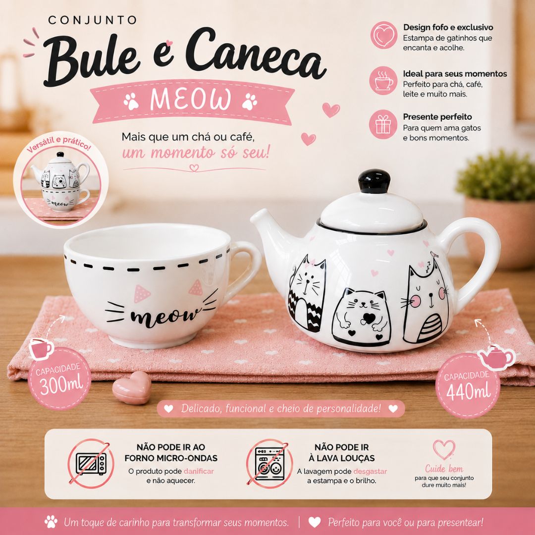 Bule de Cerâmica 440ml com Caneca Meow 300ml Gatinhos Cute Cat Chá Café Mãe Amiga Branco Presente Delicado Elegante - Imagem 2