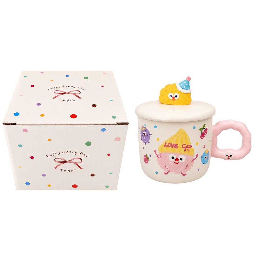 Caneca de Cerâmica com Tampa Happy 350ml Café Colorida Exclusiva Presente Divertida Amiga Mãe - Imagem 2