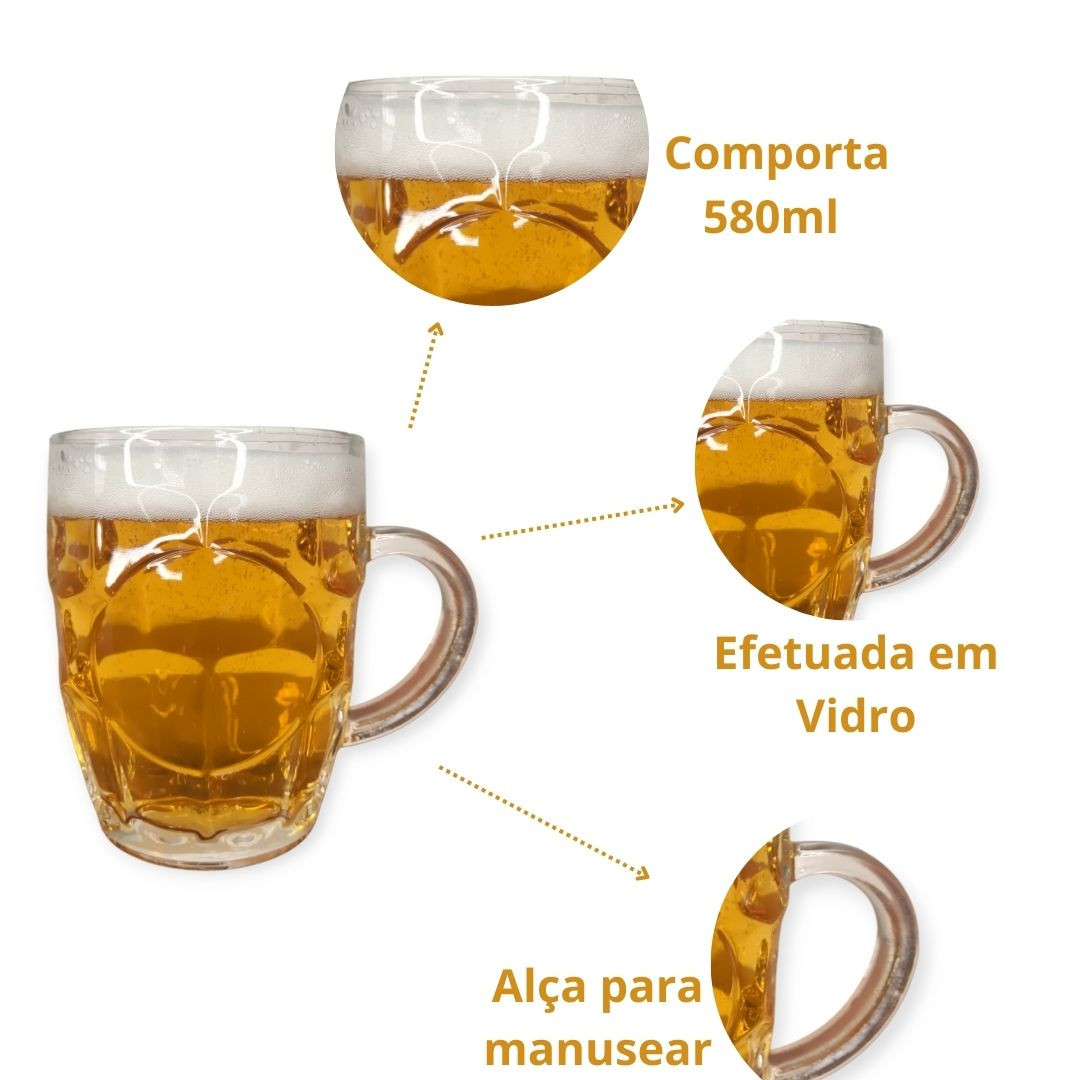 Kit de 6 Caneca Chopp de Vidro Transparente Alça 580ml Diversão Cerveja Amigos - Imagem 3