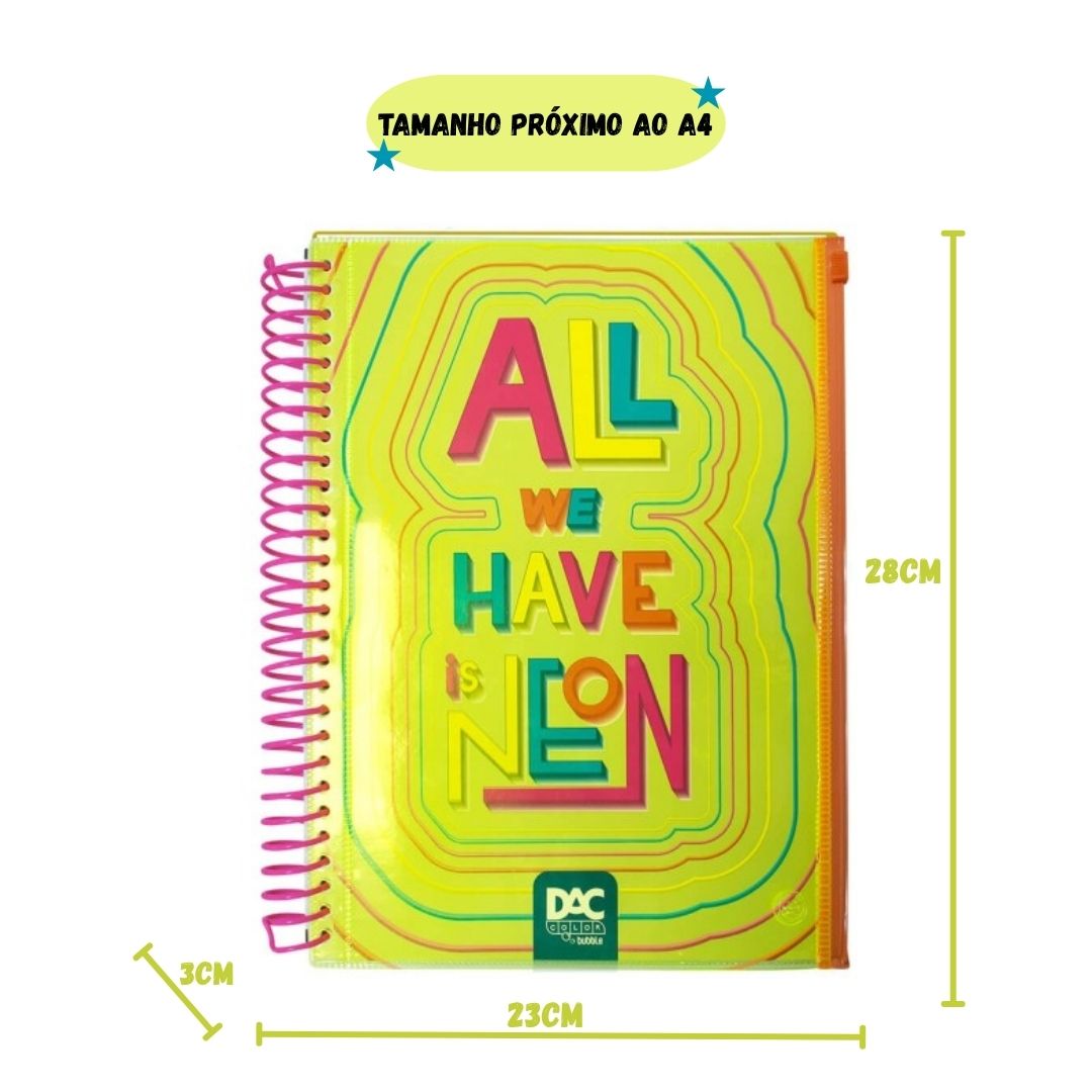 Caderno Universitário A4 160 Folhas Amarelo Escolar Bubble Neon Malote Zip Volta as Aulas Espiral Juvenil - Imagem 3