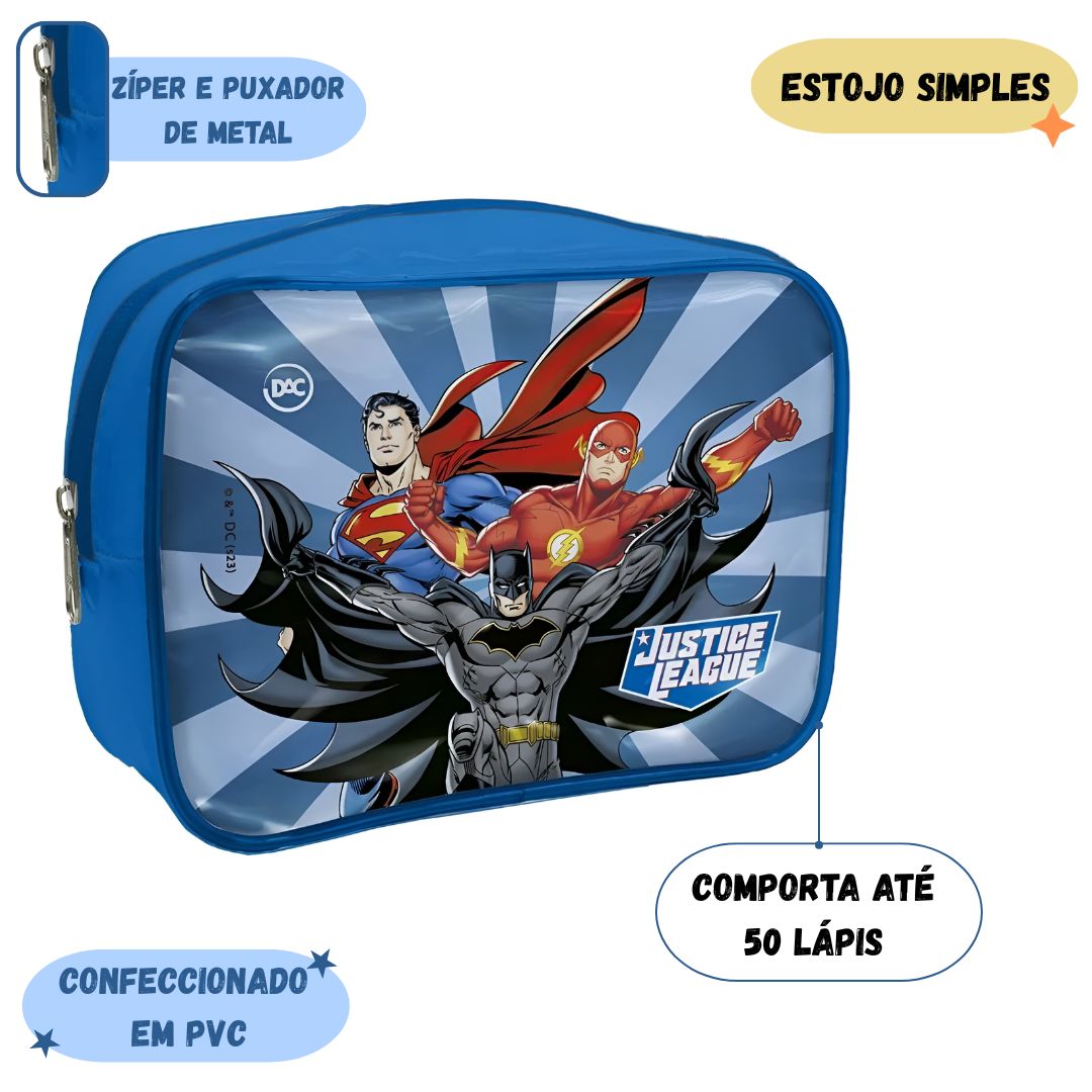 Estojo Box Liga da Justiça DC Superman Batman Flash Azul com Zíper Organizador 50 Pens Escolar Menino Juvenil Warner Vol - Imagem 2