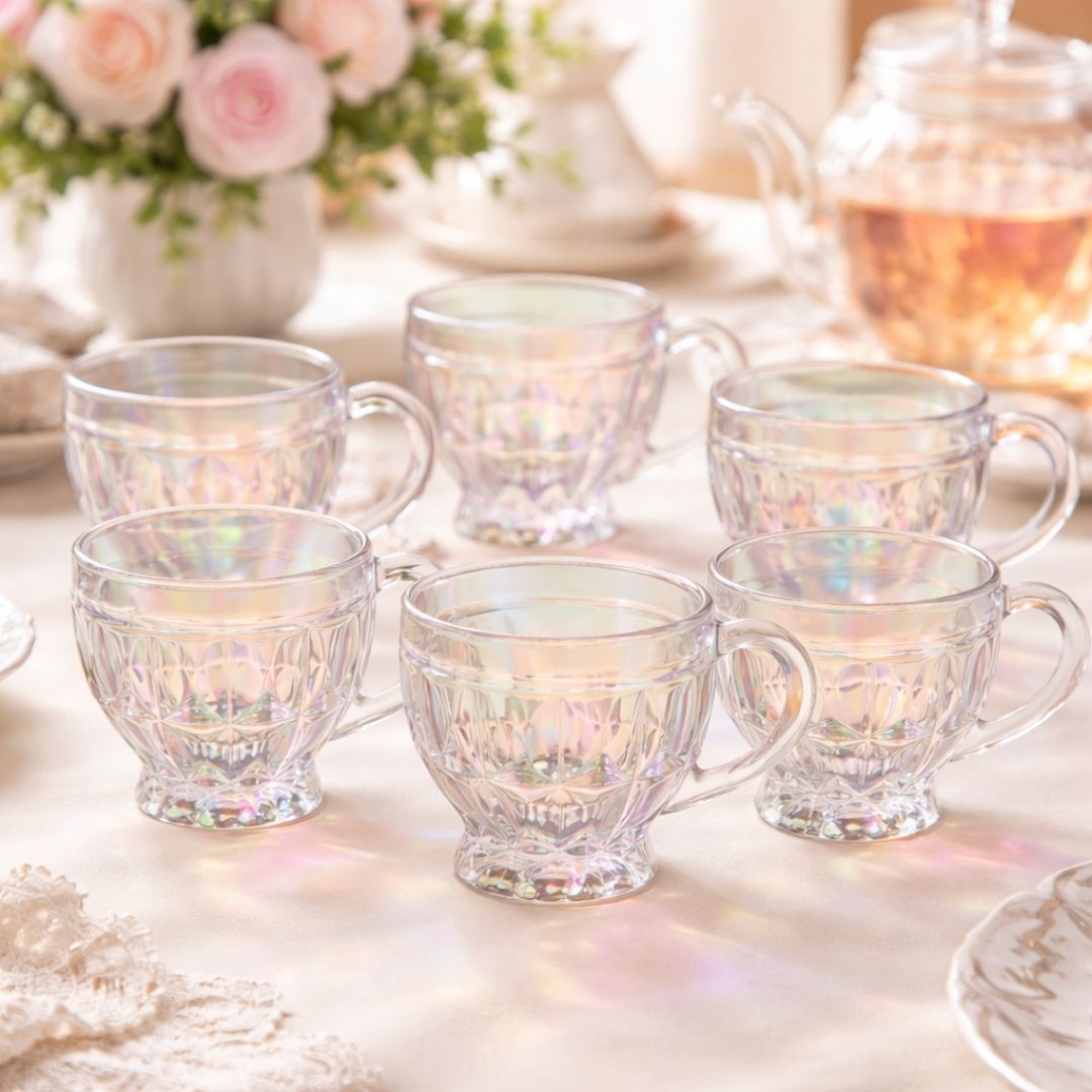 Jogo de Xícaras Riviera Rainbow 220ml 6 Peças Vidro Alça Mesa Posta Café da Manhã Elegante Presente Luxo Cozinha - Imagem 3