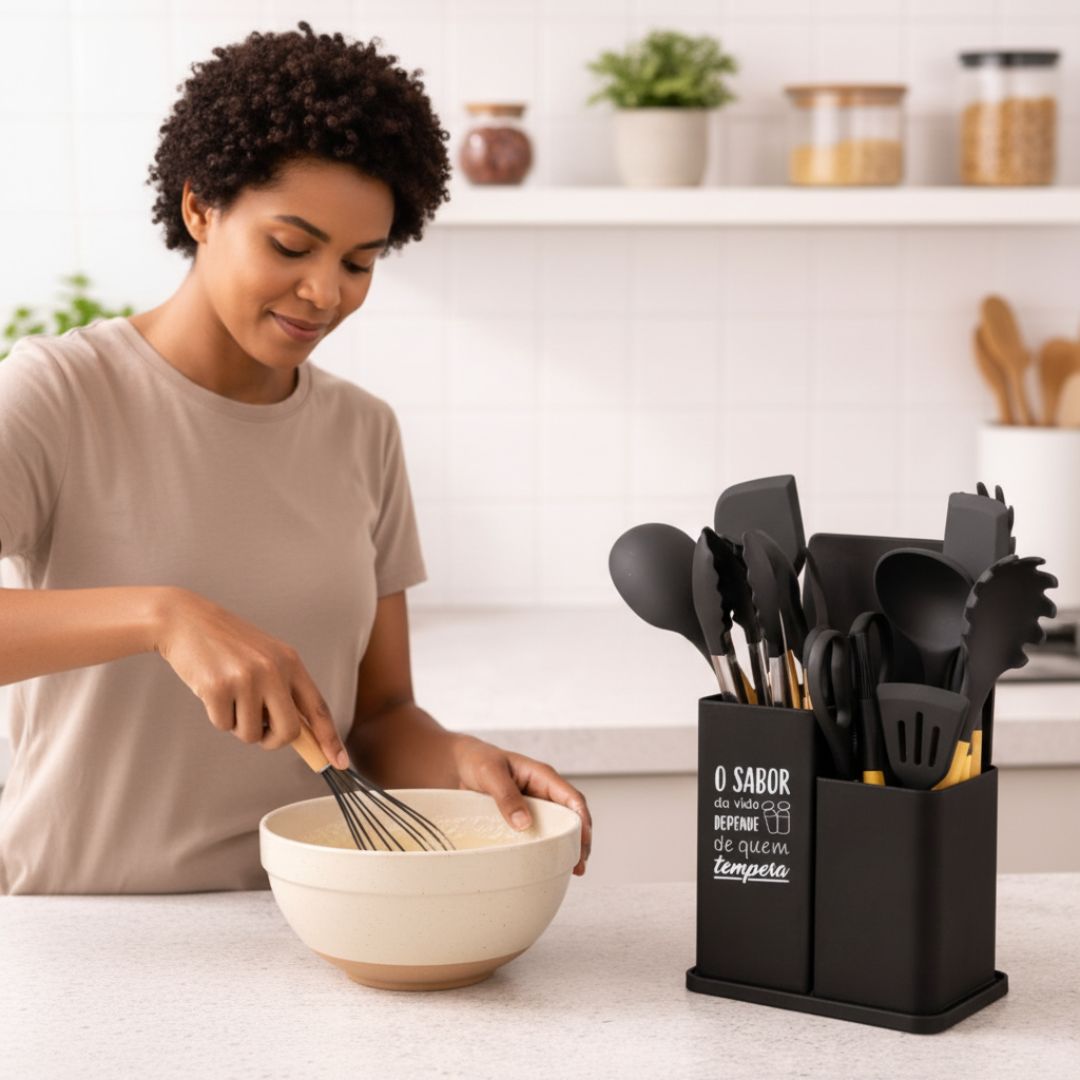 Kit de Utensílios Montana Preto 19 Peças Suporte Cozinha Silicone Completo Moderno Resistente Culinária - Imagem 3