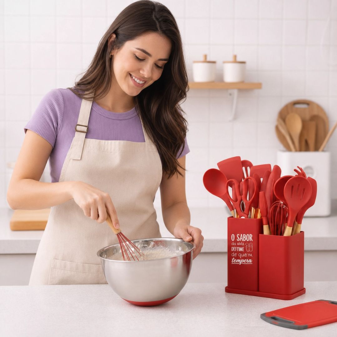 Kit de Utensílios Montana Vermelho 19 Peças Suporte Cozinha Silicone Completo Moderno Resistente Culinária - Imagem 4