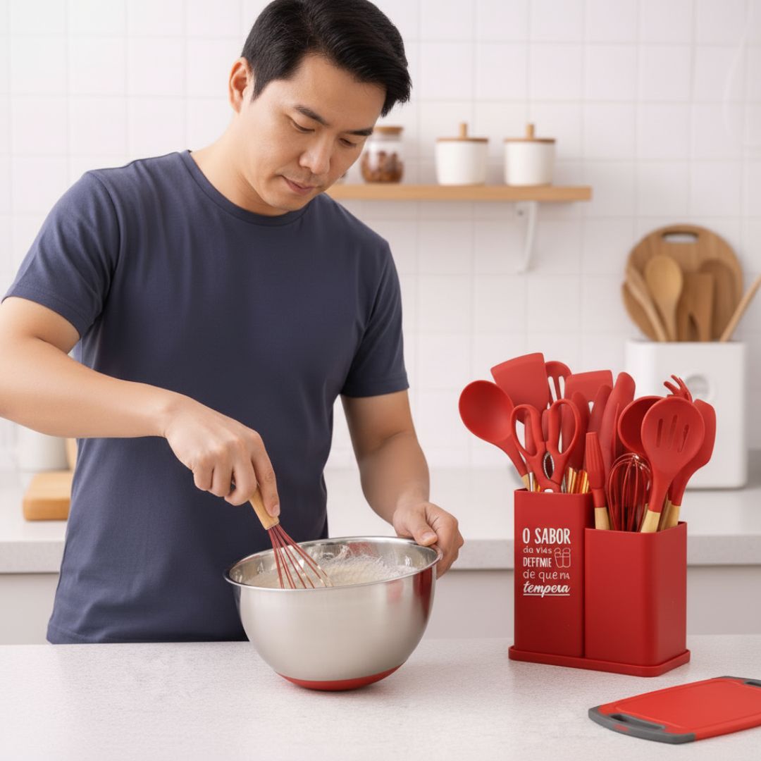 Kit de Utensílios Montana Vermelho 19 Peças Suporte Cozinha Silicone Completo Moderno Resistente Culinária - Imagem 3