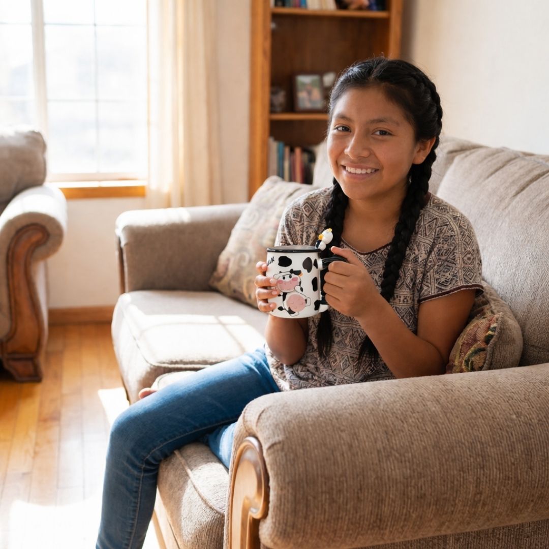 Caneca De Cerâmica Com Tampa e Colher Vaquinha Fofa 350ml Chá Café Presente Lindo Criativo Amigos Família Lila Home - Imagem 3