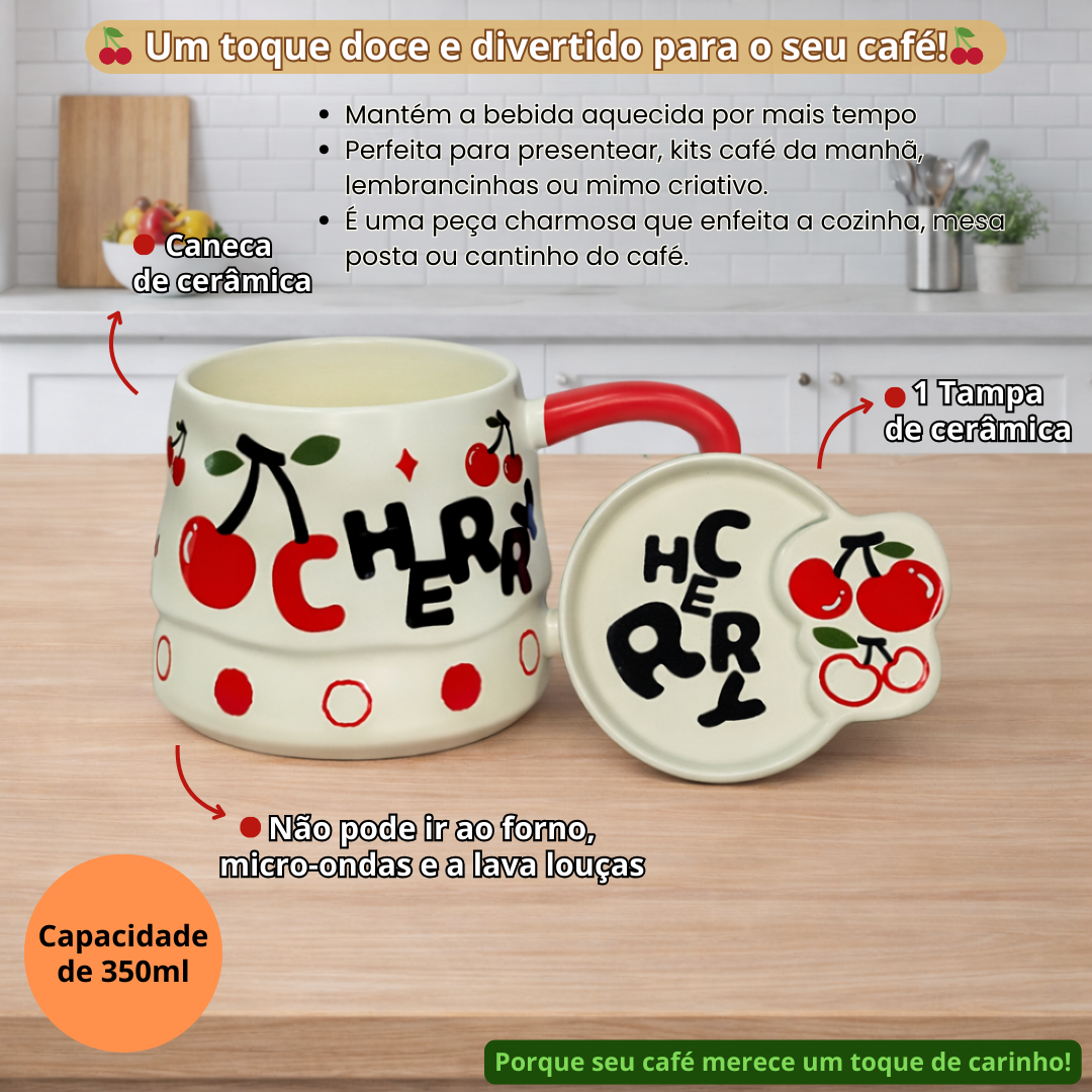 Caneca de Cerâmica Frutas Com Tampa 350ml Café Chá Leite Criativa Bonita Moderna Presente Amigos Família - Imagem 4