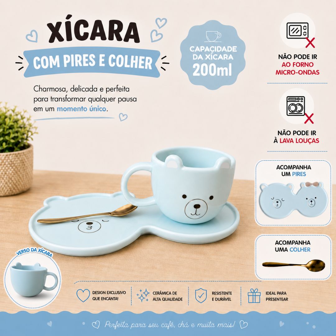 Caneca de Cerâmica 200ML c/ Pires e Colher Design Fofo de Ursinho Delicada Charmosa Mãe Amiga Café Chá Presente - Imagem 3