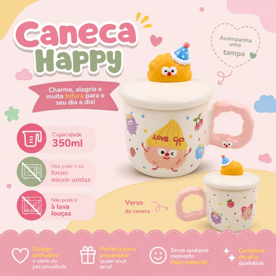 Caneca de Cerâmica com Tampa Happy 350ml Café Colorida Exclusiva Presente Divertida Amiga Mãe - Imagem 3