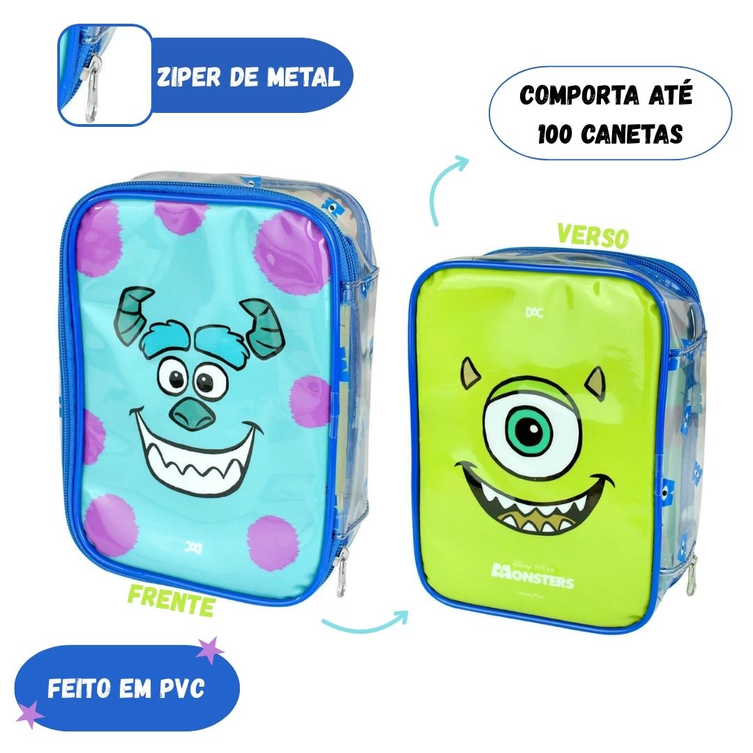 Estojo Báu Grande Monstros S.A Cristal Escolar Disney 100 Pens Zíper Necessaire Volta as Aulas - Imagem 2